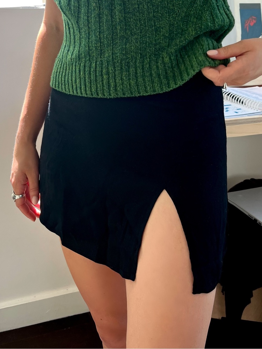 Reformation Black Margot Mini Skirt with Front Slit, Size 0